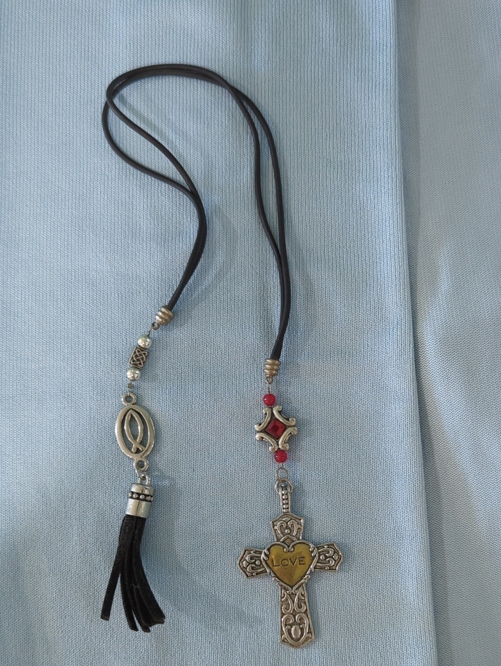 Love Heart Cross Pendant Necklace with Black Cord